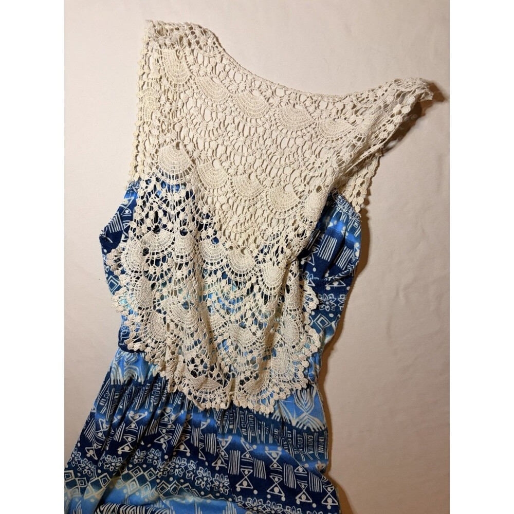 POOF Women’s Small Blue Boho Maxi Dress Crochet Lace Back Paisley Print - Picture 5 of 5